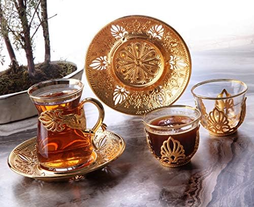 ערכת תה טורקית של Lamodahome/כוסות תה טורקיות של 6 עם מחזיקי צבע זהובים וצלוחיות - סט תה כוס וינטג